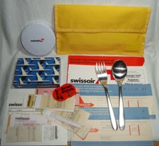 SWISSAIR Airlines huge lot amenity bag cutlery tickets puzzle game golf set