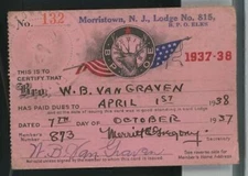 1937-38 B.P.O. Elks Membership Card Morristown, N.J. Lodge No. 815  A4
