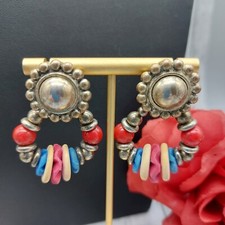 Dangle Earrings Pierce Gold Tone Ball Top Multi Color Detachable Circle