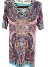 SANDRA DARREN 10 Dress Stretch Bodycon Sheath Pink Turquoise Paisley Pretty Pink