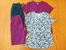 2 SCRUB SETS: Women's SMALL S, ScrubStar Plum/Wine, Black, Flower VG, Tops Pants