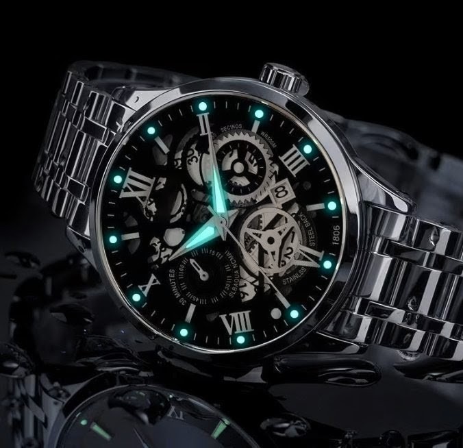 Secinos 1806 Men's Skeleton Watch Silver Stainless Steel Luminous Waterproof
