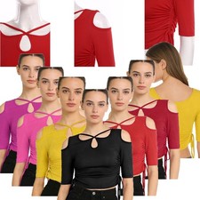 Womens Cropped Top Latin Tops Competition Shirt Half Sleeve Straps Tango Dance