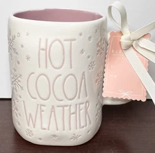 Rae Dunn Hot Cocoa Weather Mug Embossed Pink Snowflakes Winter NEW w/ Tags!