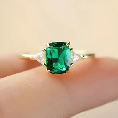 2Ct Cushion Cut Simulated Green Emerald Three Stone Ring 14K Yellow Gold Plated