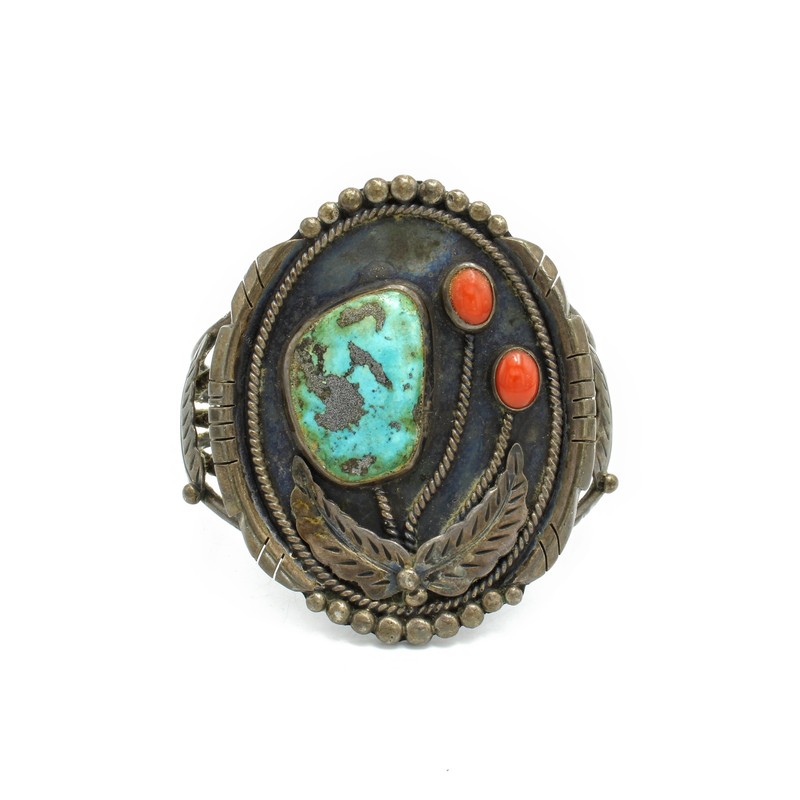 Southwest Sterling Turquoise Red Coral Floral Rope Twist Bezel 6.5" Cuff S5571-5