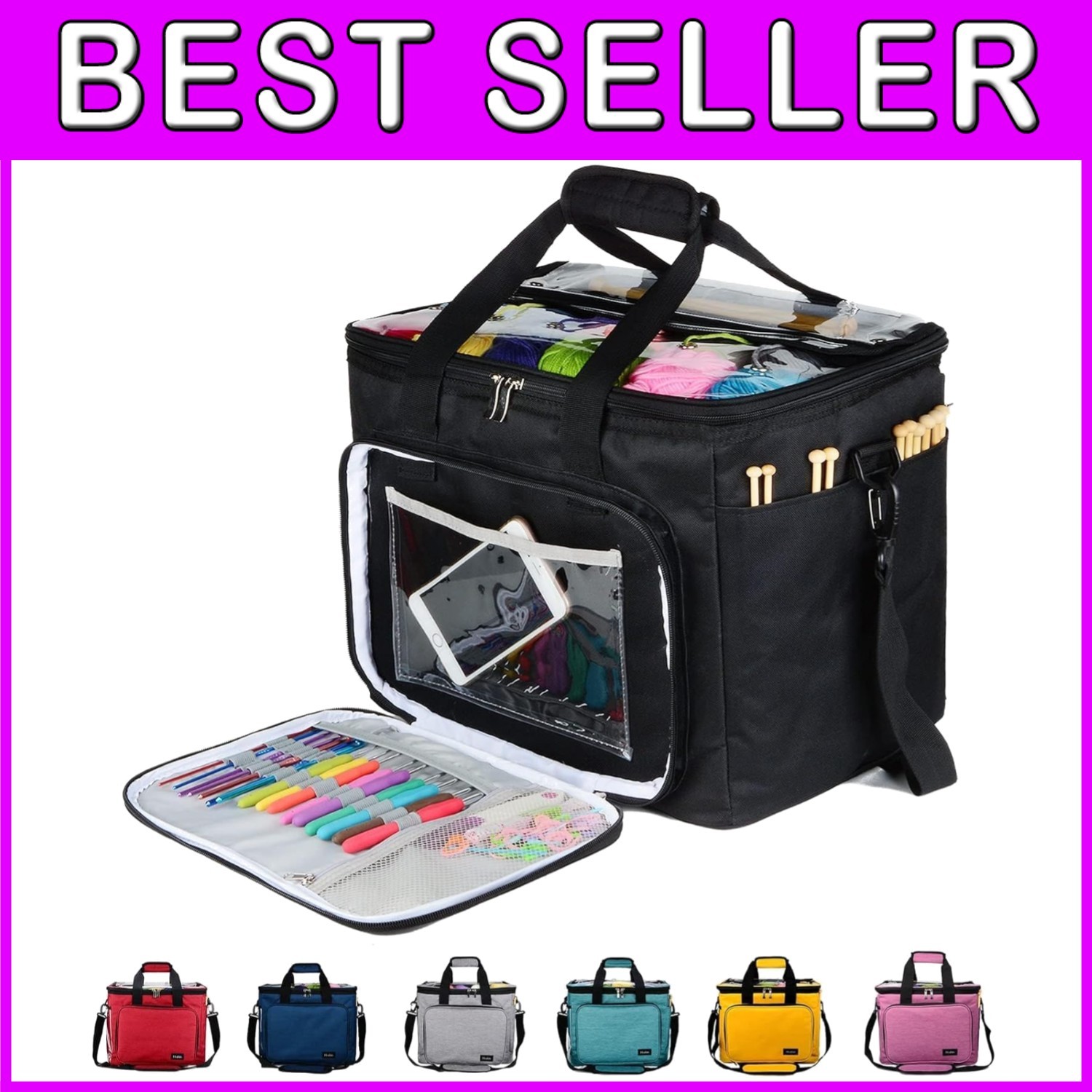 Knitting Project Bag with Adjustable Strap - Black