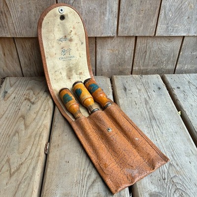 Vintage E A Berg Chisel Set w Rare Pouch - Made in Eskilstuna Sweden - Chisels