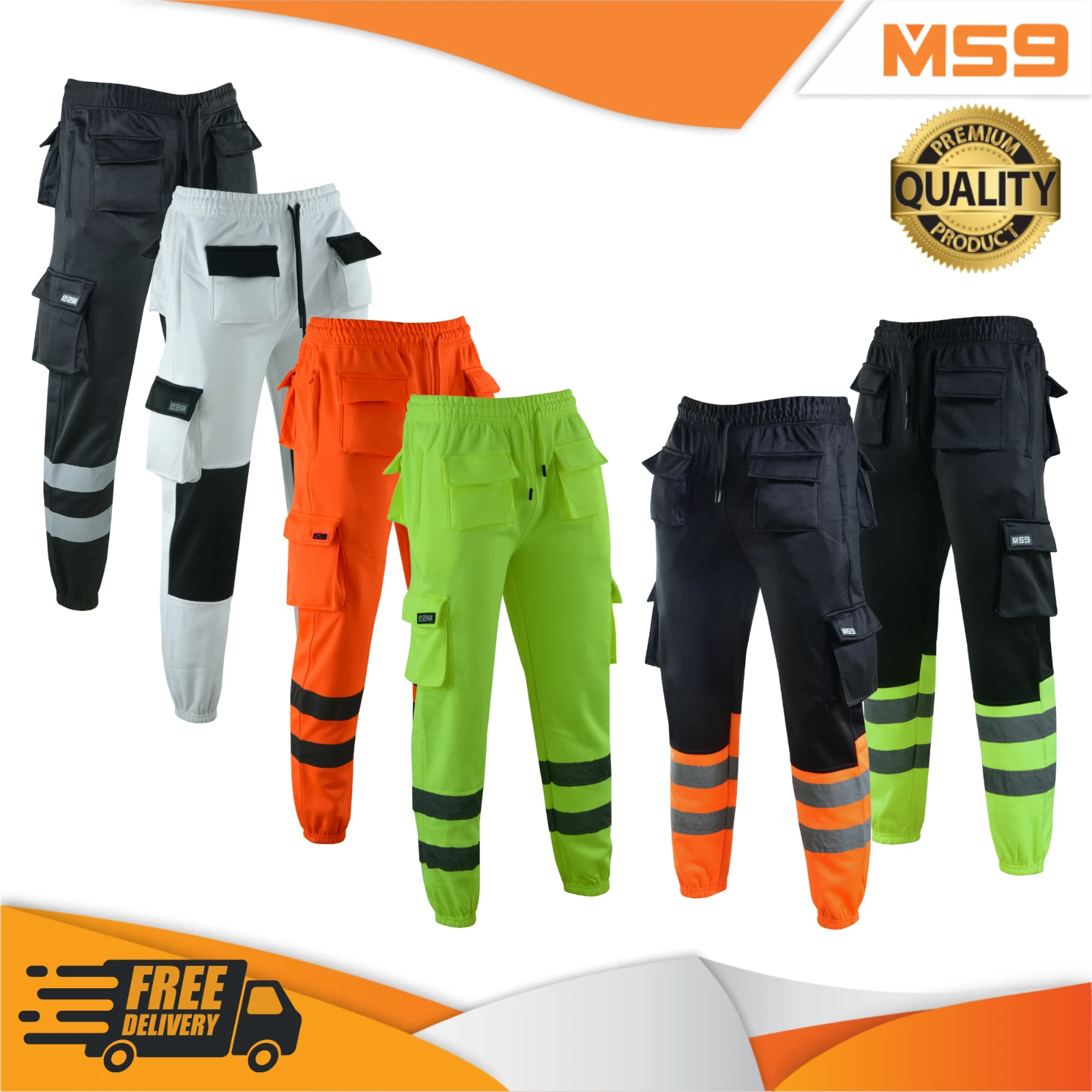 MS9 Mens Hi Viz Vis High Visibility painter Fleece Cargo Work Trousers Joggers