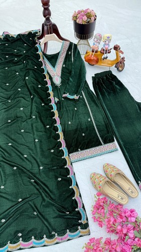 Indian Women Salwar Kameez 3 Piece Ready to Wear Traditional Velvet Eid Suits - Picture 7 of 11