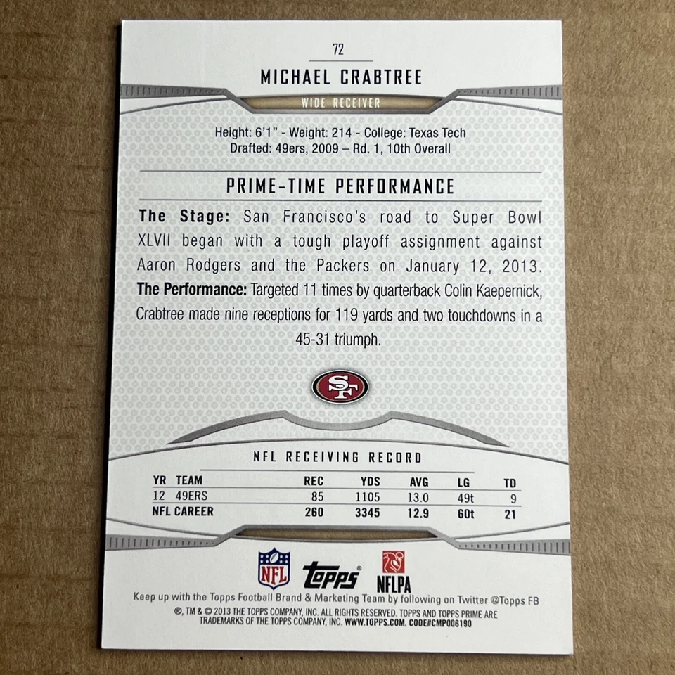 2013 Topps Prime Gold San Francisco 49ers Football Card #72 Michael Crabtree - Image 2 of 2