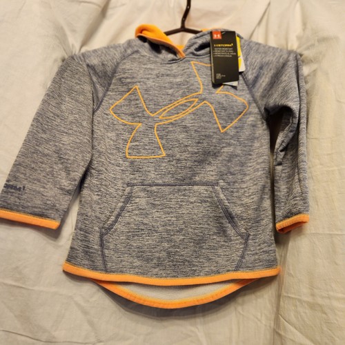 Under Armour Storm Coldgear Girls Fleece Big Jumbo Logo Hoodie Gray Orange YXS - Picture 2 of 12