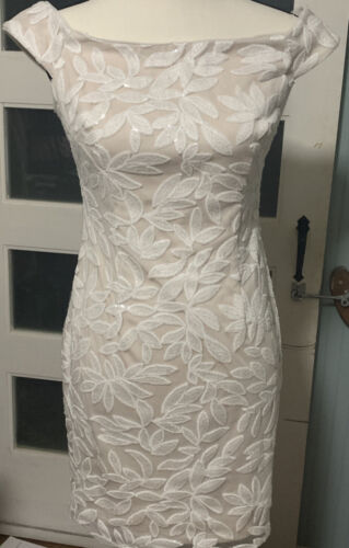 Adrianna Papell White/ Nude Sequin Leaf Off-Shoulder Cocktail Sheath Dress Sz 4 - Picture 1 of 5