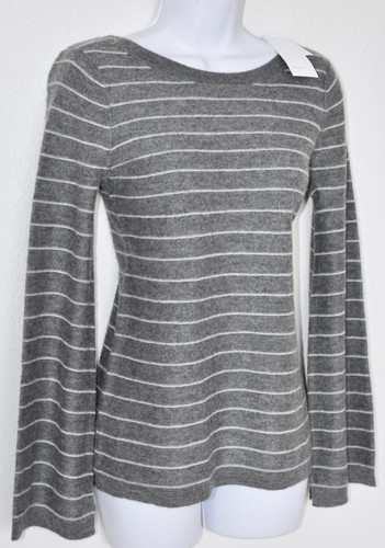 VINCE NWT $345 100% CASHMERE STRIPED BELL SLEEVE H. STONE/STERLING SWEATER. S - Picture 8 of 14