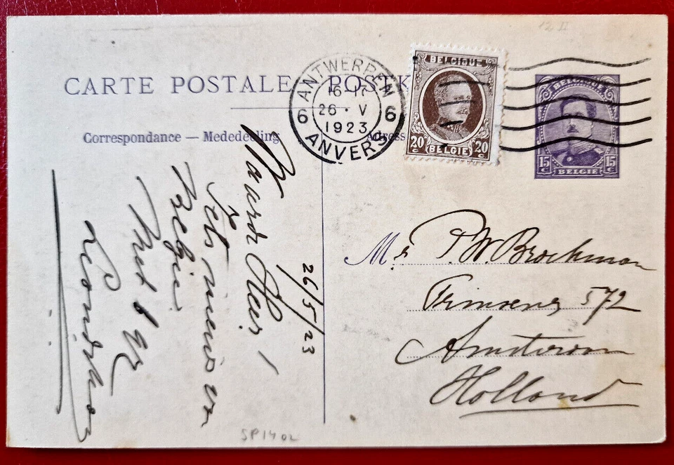 Bélgica a Holanda 1923 - USADO - Envío - 20 centavos y 15 centavos 2 estampillas Foto 2 de 3