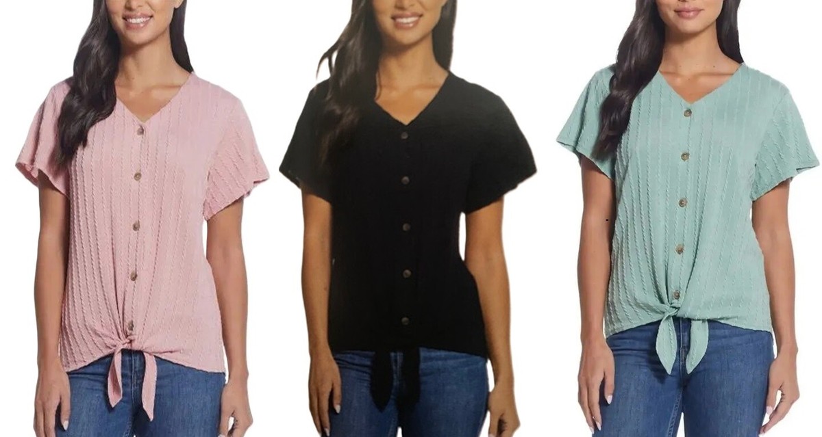 Weatherproof Vintage Ladies' Tie Front Braided Knit V-Neck Top NWT