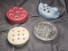 4 Vintage Flower Frogs Weller Pottery Glass Rare 11 Hole Pink Blue Duck Ivory