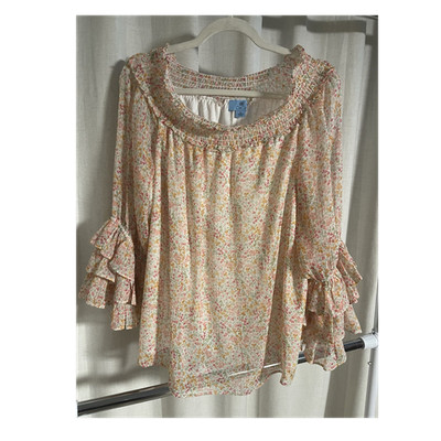 CeCe Women's Multicolor Floral Ruffle Sleeve Lined Blouse Round Neck XL