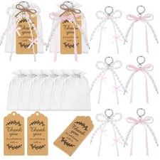 20 Set Pearl Bow Keychain Party Favor Bulk Steel Keyring Charm Souvenir Prese...
