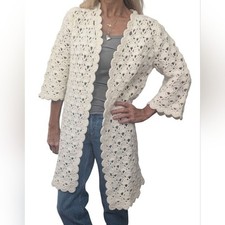 Vintage Cream Hand Crochet Cardigan Coat  Boho Cottagecore Granny Chic M/L