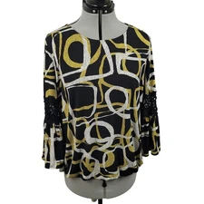 Alfani Womens Tunic Blouse Sz Large Embroidered Flared Sleeve Polyester Top EUC