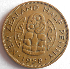 1958 NEW ZEALAND 1/2 PENNY - Excellent Coin - FREE SHIP - NZ HP Bin