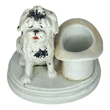 Antique Dresden Porcelain Match Stick Holder - Terrier Dog Guarding Top Hat