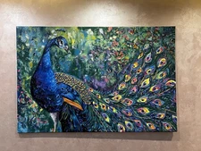 The Golden Plume Original Peacock Oil Painting on Canvas, Textured Art 120x80 cm