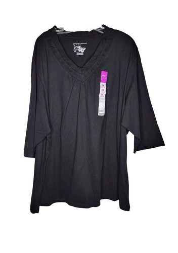 JMS Just My Size Women's Tunic Shirt Black Plus 5X Ruffle V-Neck 3/4 Sleeve