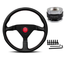 MOMO 14" 350mm Racing Leather Steering Wheel With Horn Button+Quick Release Kit