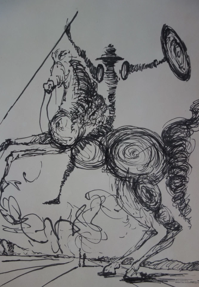 Raro dibujo surrealista único, jinete de caballo, firmado Salvador Dalí Foto 3 de 4