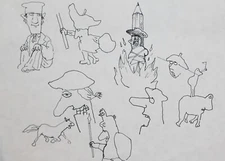 Original Abstract surrealist ink drawing caricature figures