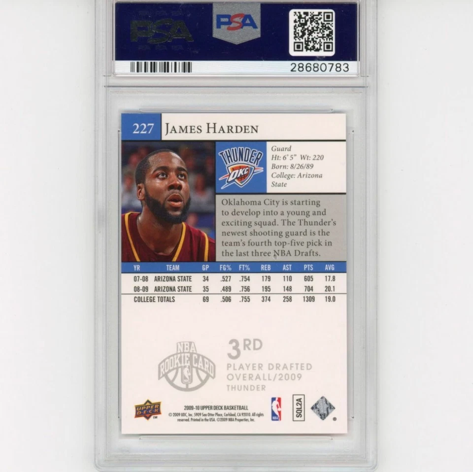 Классифицированная 2009-10 Upper Deck UD JAMES HARDEN #227 дебютант RC баскетбольная карточка PSA 10 - Изображение 2 из 2