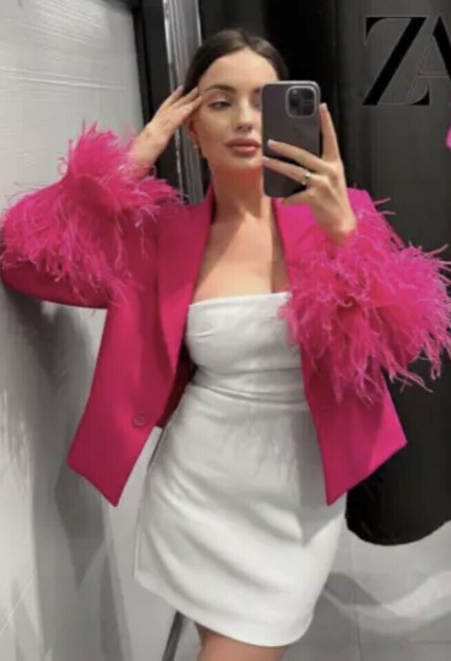 ZARA CROPPED BLAZER WITH FEATHERS NEON FUCHSIA NEW SS23 SIZE