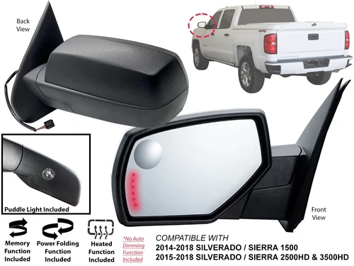 Mirror for 2014-2018 SILVERADO SIERRA Power Folding Memory Puddle Driver Side