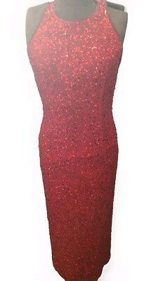 Laurence Kazar Womens 100% Silk Sequined Red Evening Gown Sleeveless Large