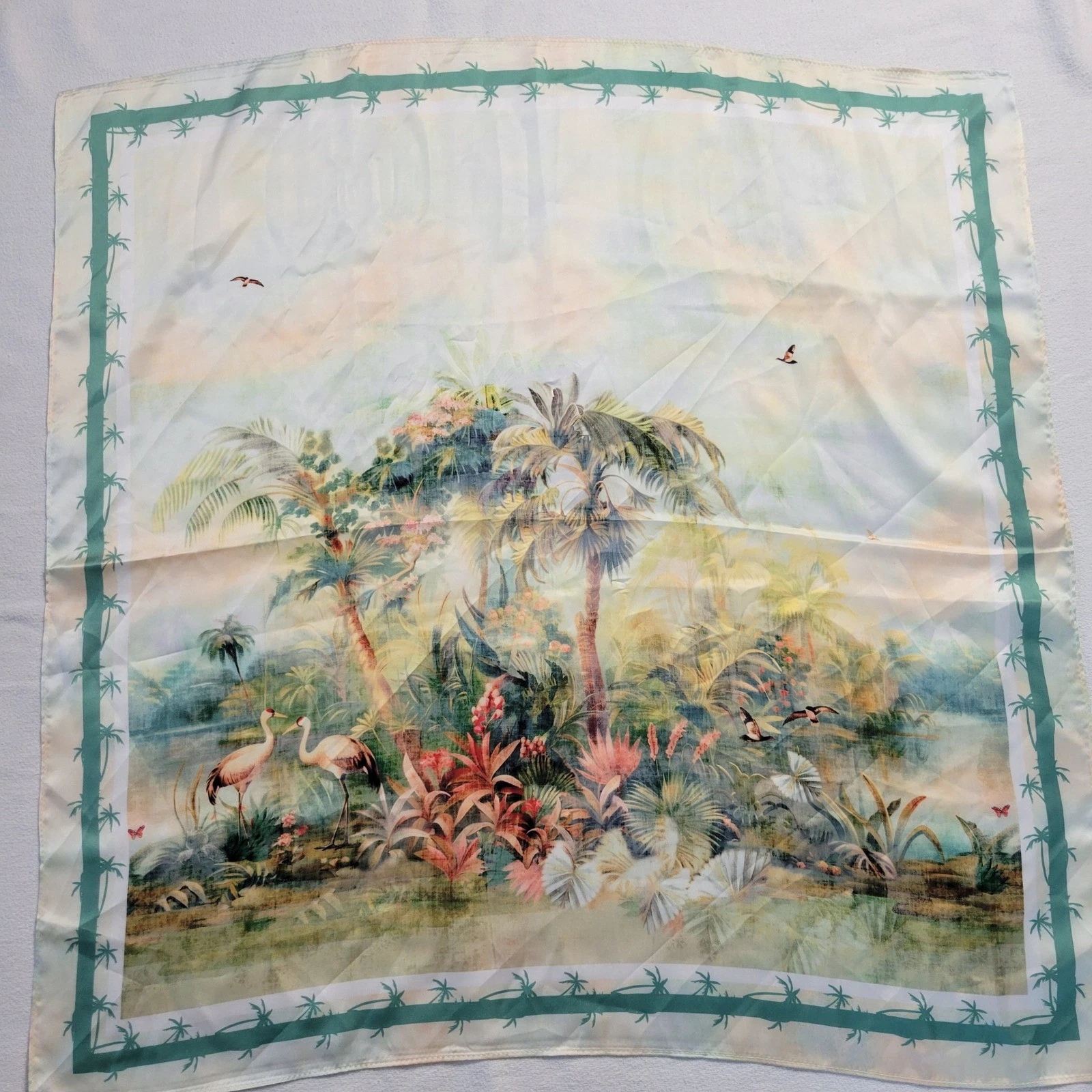 Tropical Jungle Crane Bird Square Scarf Satin 28x28 NWOT