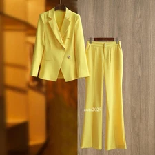 New Yellow Suit Jacket Flared Pants Two-piece Set Womens Spring Formal Suit Set