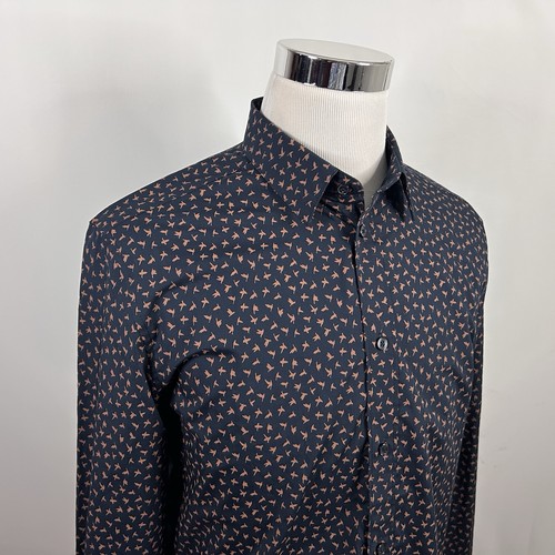 H&M Large Slim Fit Freizeithemd Vogelmuster blau braun 100% Baumwolle Langarm