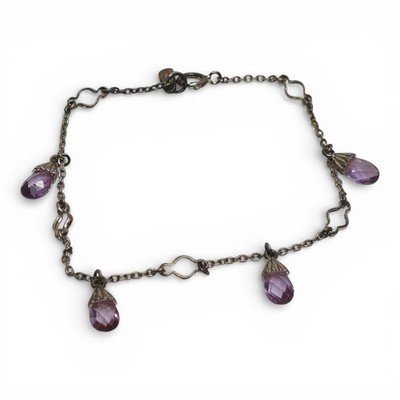 Sterling Silber Ananas Bettelarmband lila facettierte Tropfen zierlich 6,5 Zoll 3,18 g