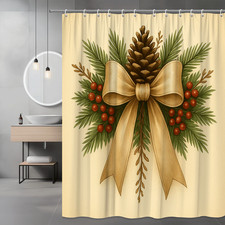 Christmas Pinecone Shower Curtain with Red Berries and Gold Bow