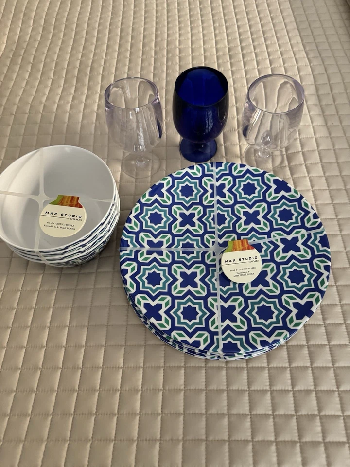 Max Studio Tableware. Set of 4 Dinner Plates & Bowls With Bonus 3 Wine  NWT! - Image 3 of 4