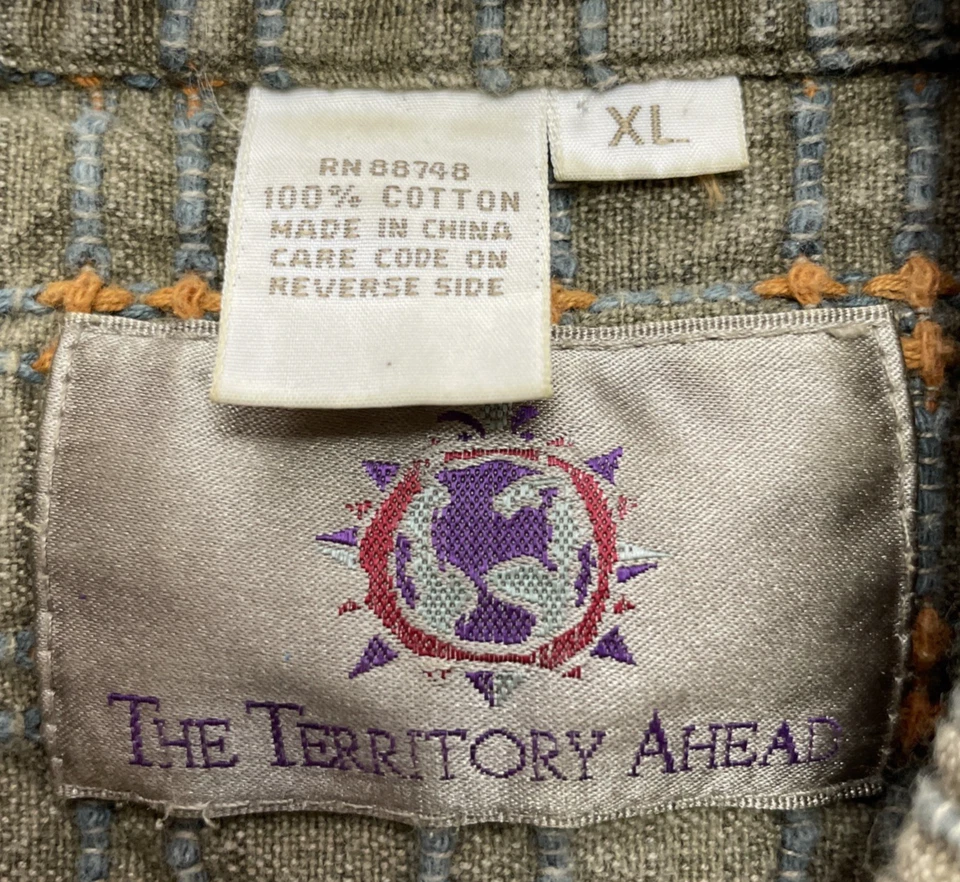 Camisa masculina Territory Ahead XL cáqui dourada bordada xadrez tecido botão para baixo - Imagem 4 de 4