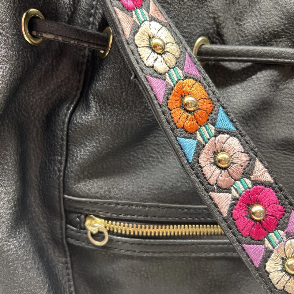 Steve Madden Bolso de Hombro Bordado Cubo Cartera Flor Correa Cuero Negro Foto 3 de 4