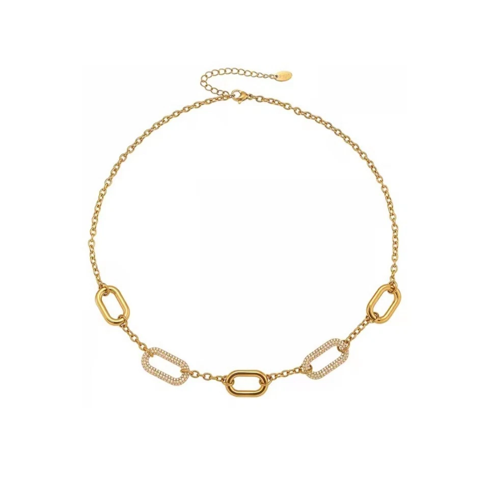 Collana Donna Elegante Maglie Geometriche in Acciaio Oro/Argento con Zirconi - Immagine 4 di 4