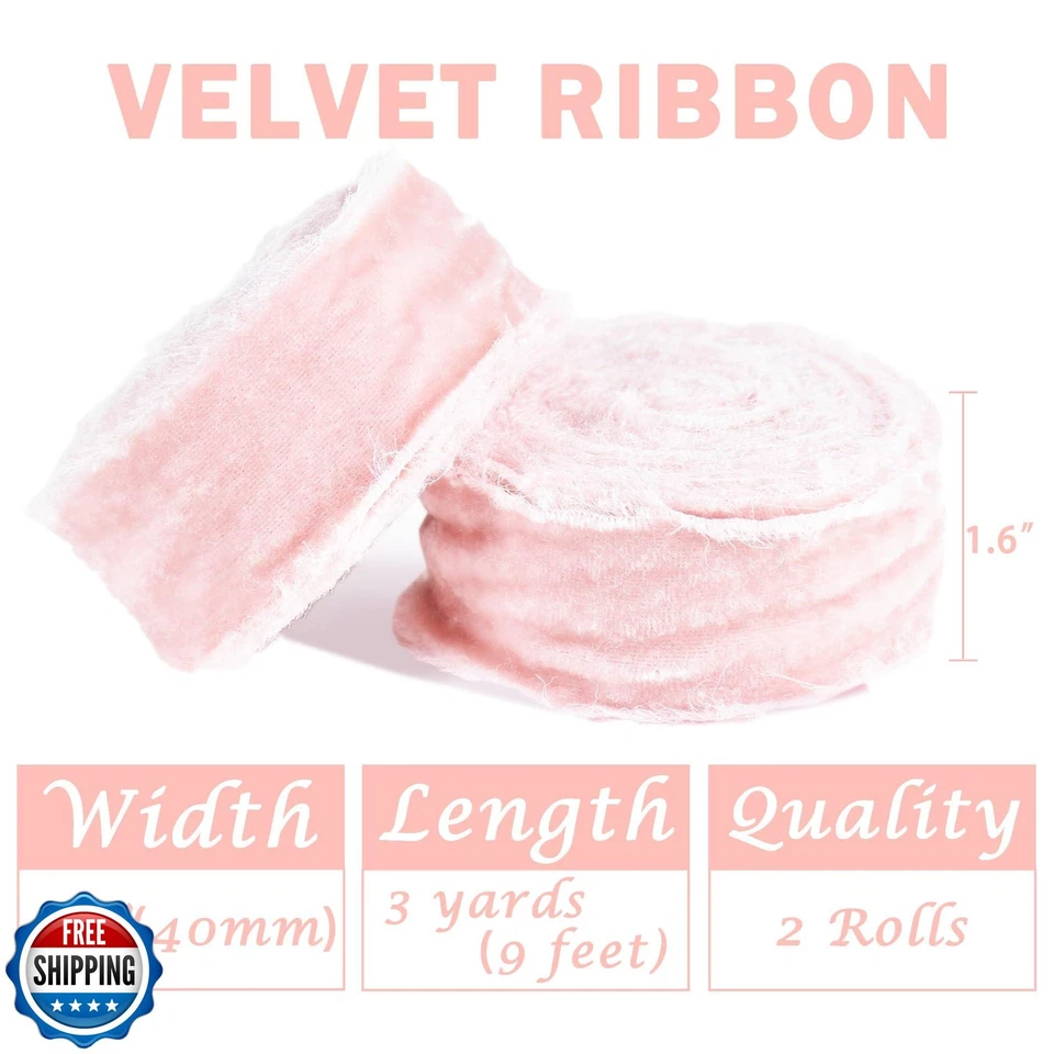 RIBBOOO 2 Rolls Light Pink Velvet Ribbon - 1 1/2 Inch Handmade Frayed Silk Ve - Image 3 of 4