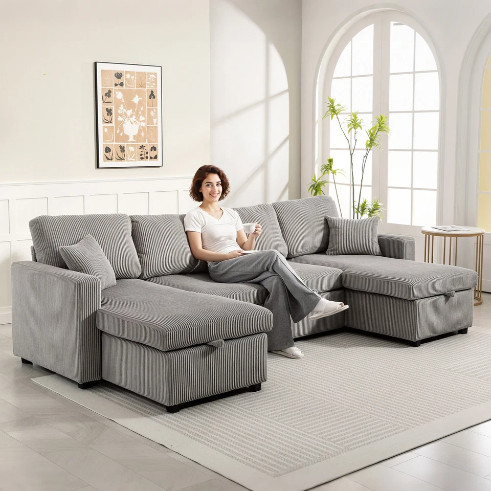 HOMCOM Divano Letto con 2 Chaise Longue Contenitore in Velluto a Coste Grigio - Immagine 2 di 4