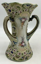 Antique Japanese Moriage Satsuma Hand Painted Three Handled Vase, Flowers