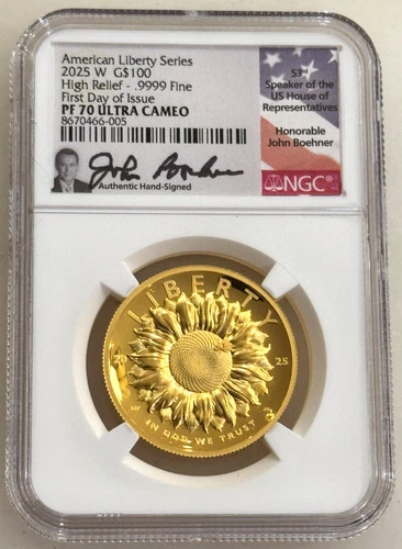 2025-W $100 High Relief Liberty Gold NGC PF70 First Day Issue Boehner + OGP