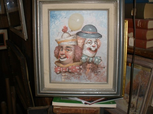 W.Moninet:Listed artist: "Happy Twin Clowns" O/B;Mid-cent, Clowns framed Nice - Picture 10 of 12